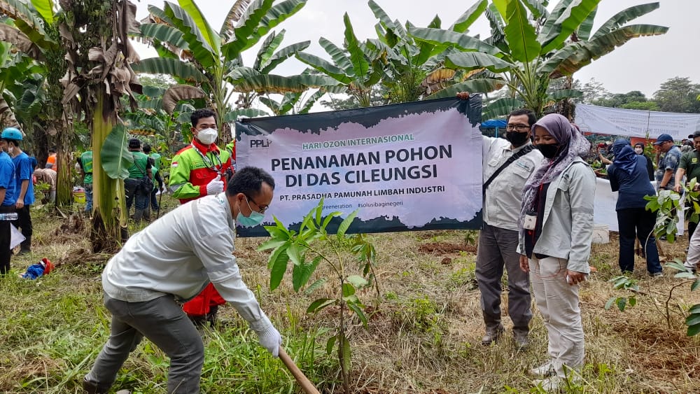 TANAM POHON: Menanam pohon di bantaran Sungai Cileungsi untuk peringatan Hari Ozon Internasional, Kamis (22/9). (ISTIMEWA) - Image