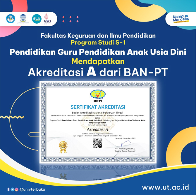 Prodi Pendidikan Guru PAUD Universitas Tetrbuka (UT) meraih akrditas A dari Badan Akreditasi Nasional Perguruan Tinggi (BAN PT) untuk tahun 2022-2027. - Image