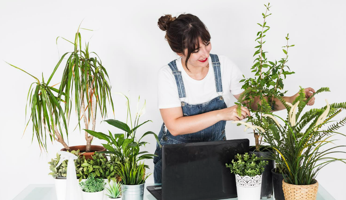 Ilustrasi perempuan sedang menata pot tanaman di meja kerjanya