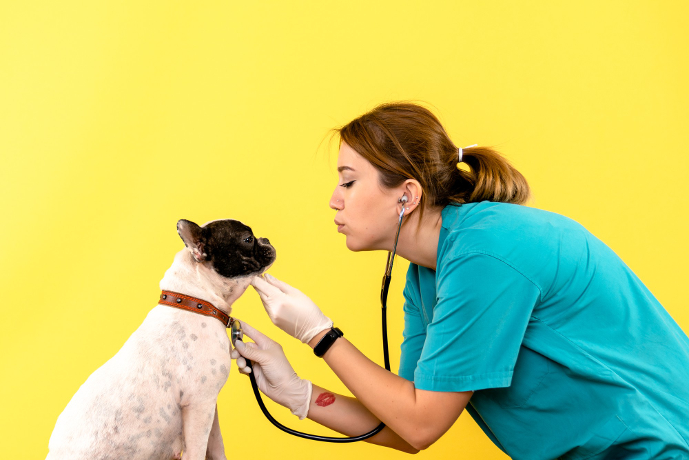 Ilustrasi anjing yang sedang di periksa ke dokter hewan