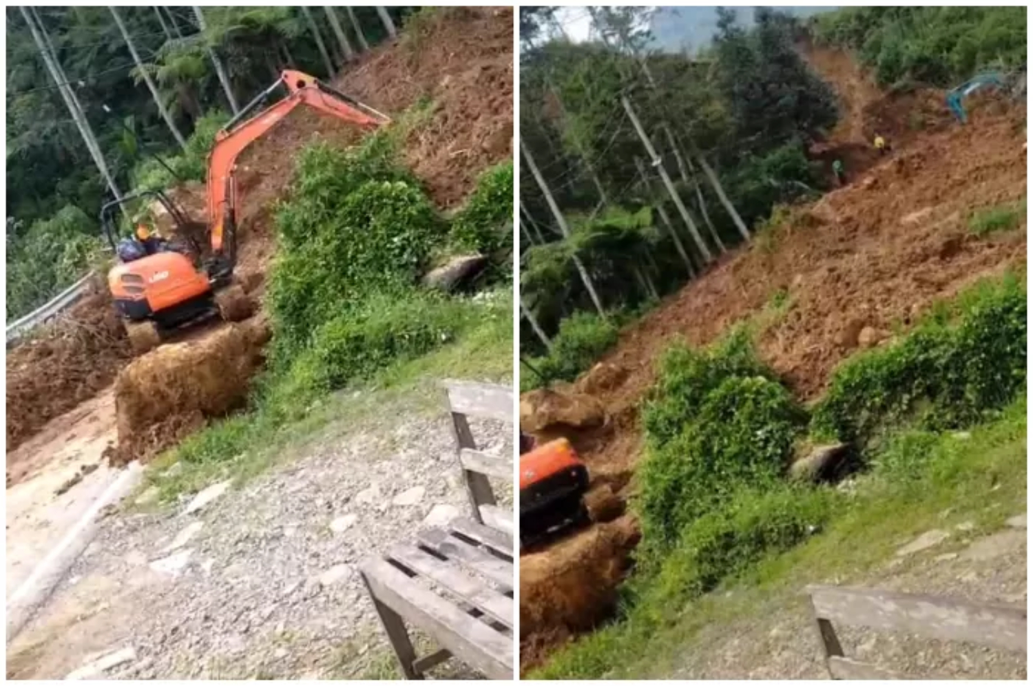 Alat berat tengah memindahkan material longsoran yang menutup akses Jalur Puncak Dua. (Radar Bogor)