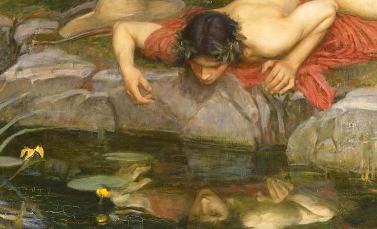 Lukisan J.W. Waterhouse di tahun 1903 menggambarkan Narcissus yang terpikat dengan bayangannya sendiri di balik pantulan air. (pinterest.com)