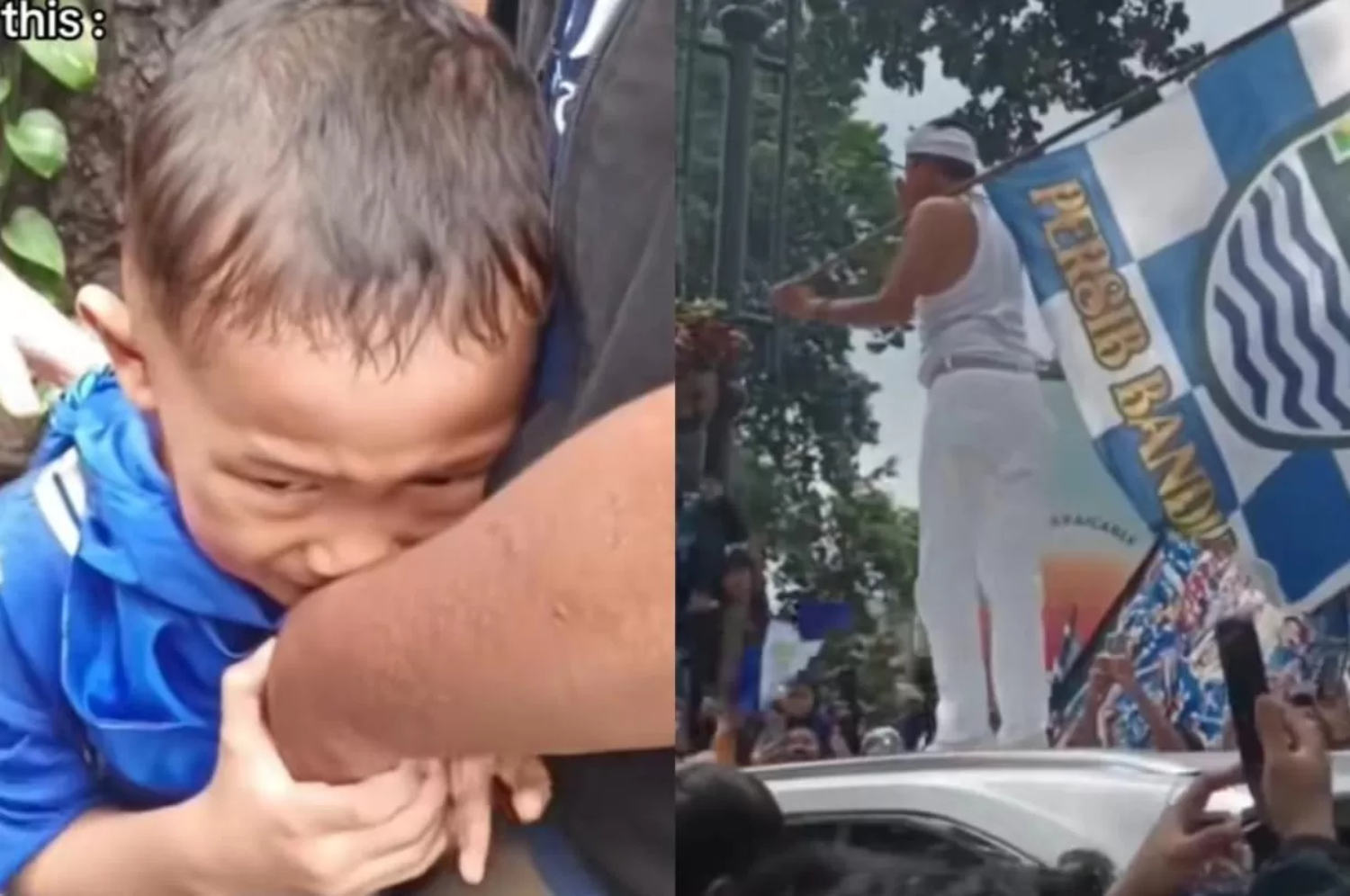 Seorang anak kecil yang menangis histeris saat melihat Gubernur Jawa Barat Dedi Mulyadi melintas di konvoi juara Persib viral di media sosial. (TikTok @af1taa)