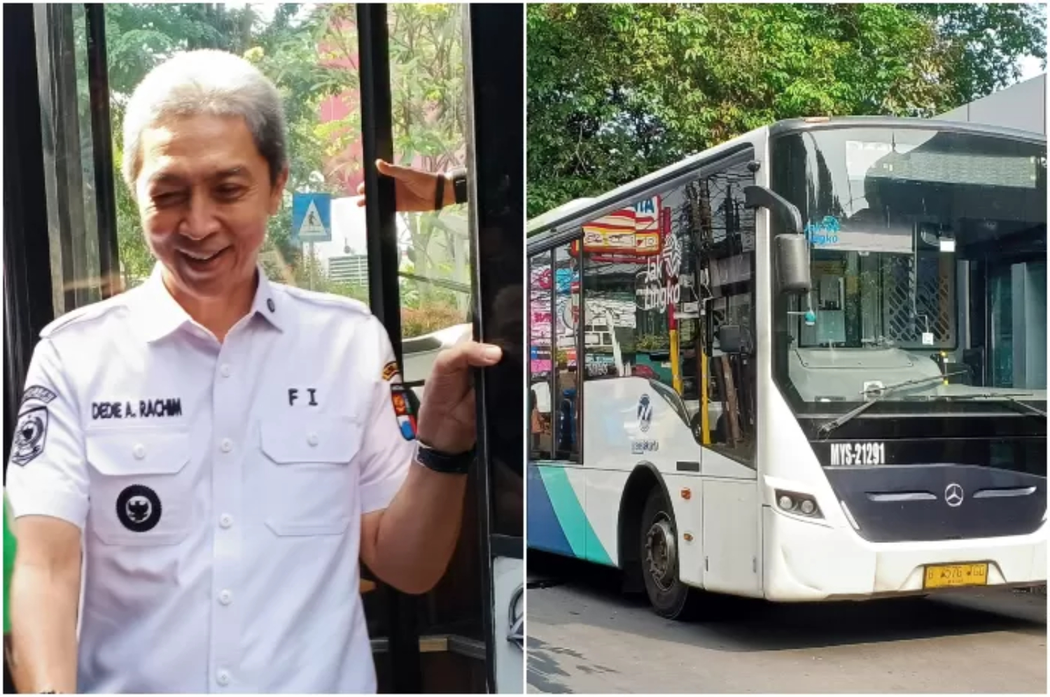 Wali Kota Bogor Dedie A Rachim turun dari bus transjabodetabek di Halte Cidangiang Kota Bogor, Kamis (5/6). (Fikri/Radar Bogor)
