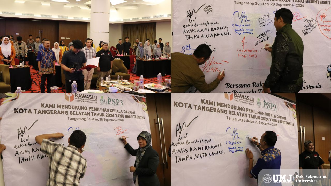 PSP3 bersama Bawaslu dan pemilih pemula saat deklarasi dukung Pilkada 2024 Tangerang Selatan Berintegritas di Grand Zuri, BSD, Tangsel. (Dok: UMJ)
