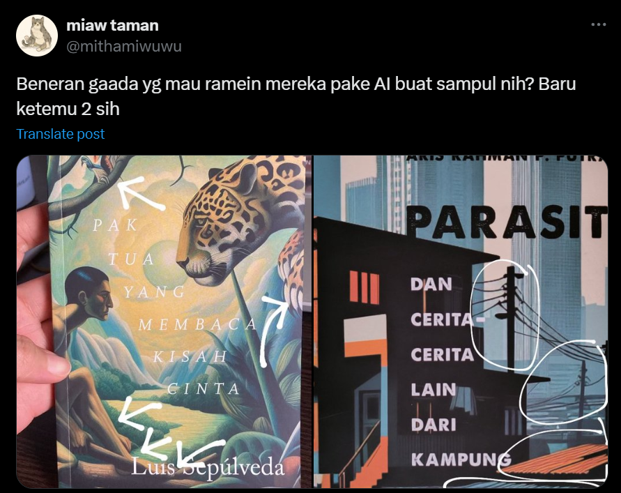Tangkapan layar salah cuitan yang menjabarkan detail AI pada kover buku Marjin Kiri. (Dok. X Mithamiwuwu)