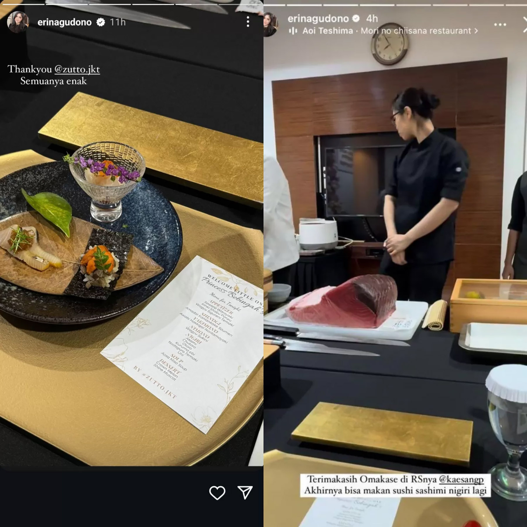 Erina Gudono pamer kemewahan makan sushi seharga jutaan. (Instagram @erinagudono)