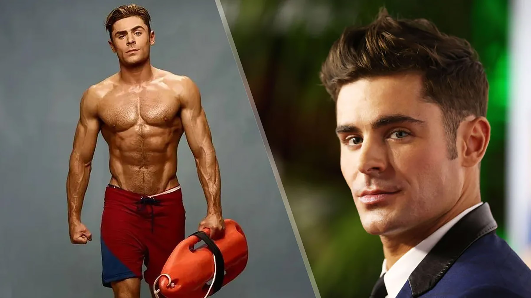 Foto Zac Efron saat main di film Baywatch (kiri) dan saat menghadiri gala. (Dok. IG Zacefron/Getty/Brendon Thorne/Stringer/Thoms Guide)