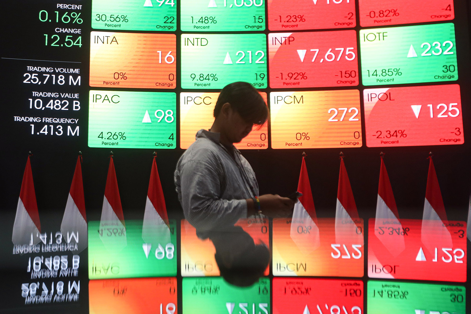 Wartawa di depan layar peregerakan Indeks Harga Saham Gabungan (IHSG) di Gedung Bursa Efek Indonesia, Jakarta, (21/10/2024).