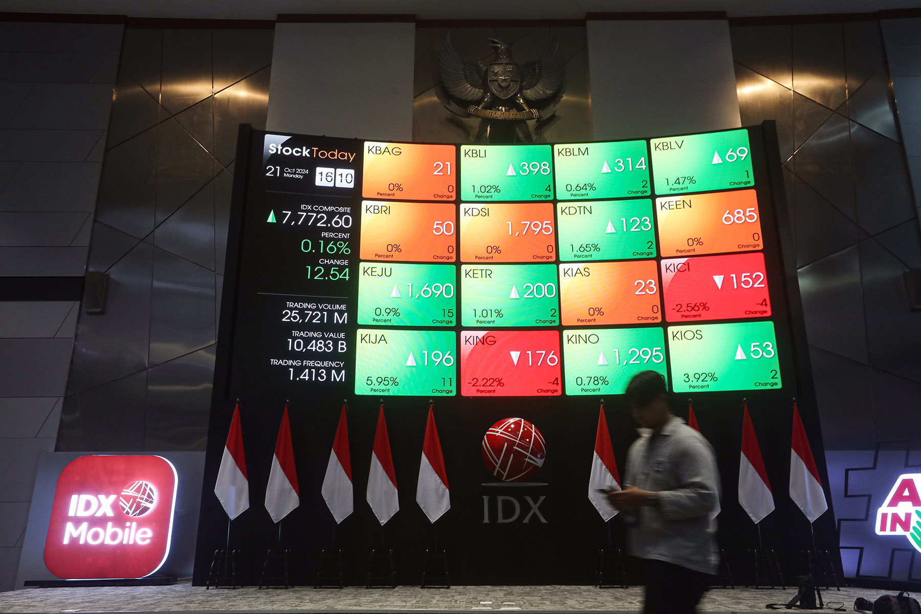 Wartawan di depan layar peregerakan Indeks Harga Saham Gabungan (IHSG) di Gedung Bursa Efek Indonesia, Jakarta, Senin (21/10/2024).