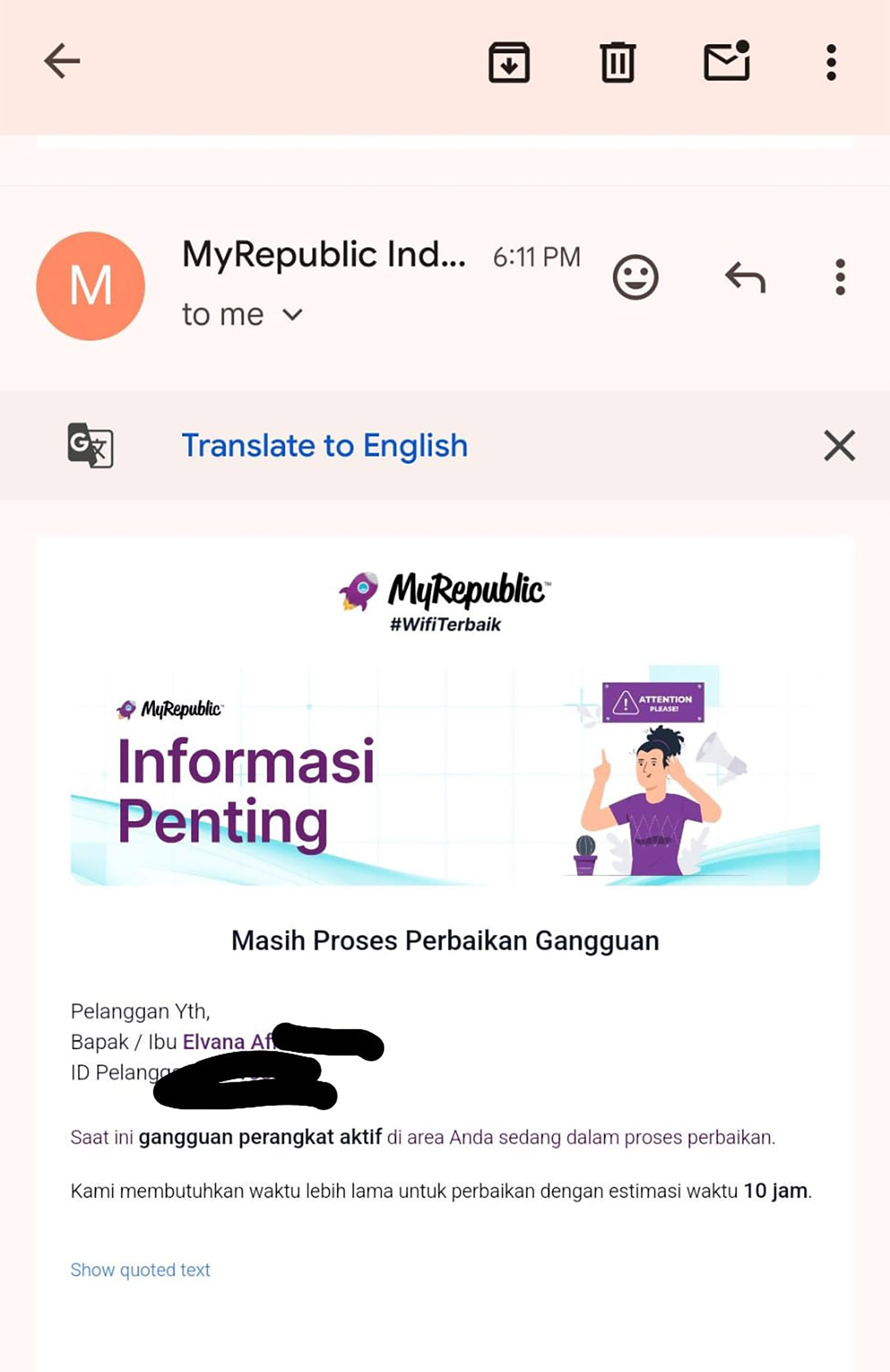 Konfirmasi email MyRepublic kepada salah satu pelangganya. (Dok. Elvana)
