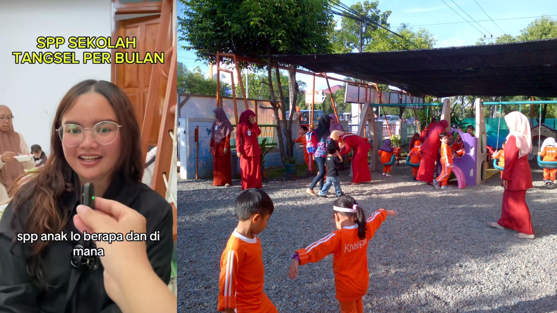 Tangkapan layar konten spill biaya sekolah di Tangerang Selatan dan TK Khalifah BSD. (Dok. TikTok @fimelgresiana_ & tkislamterbaik.blogspot.com)