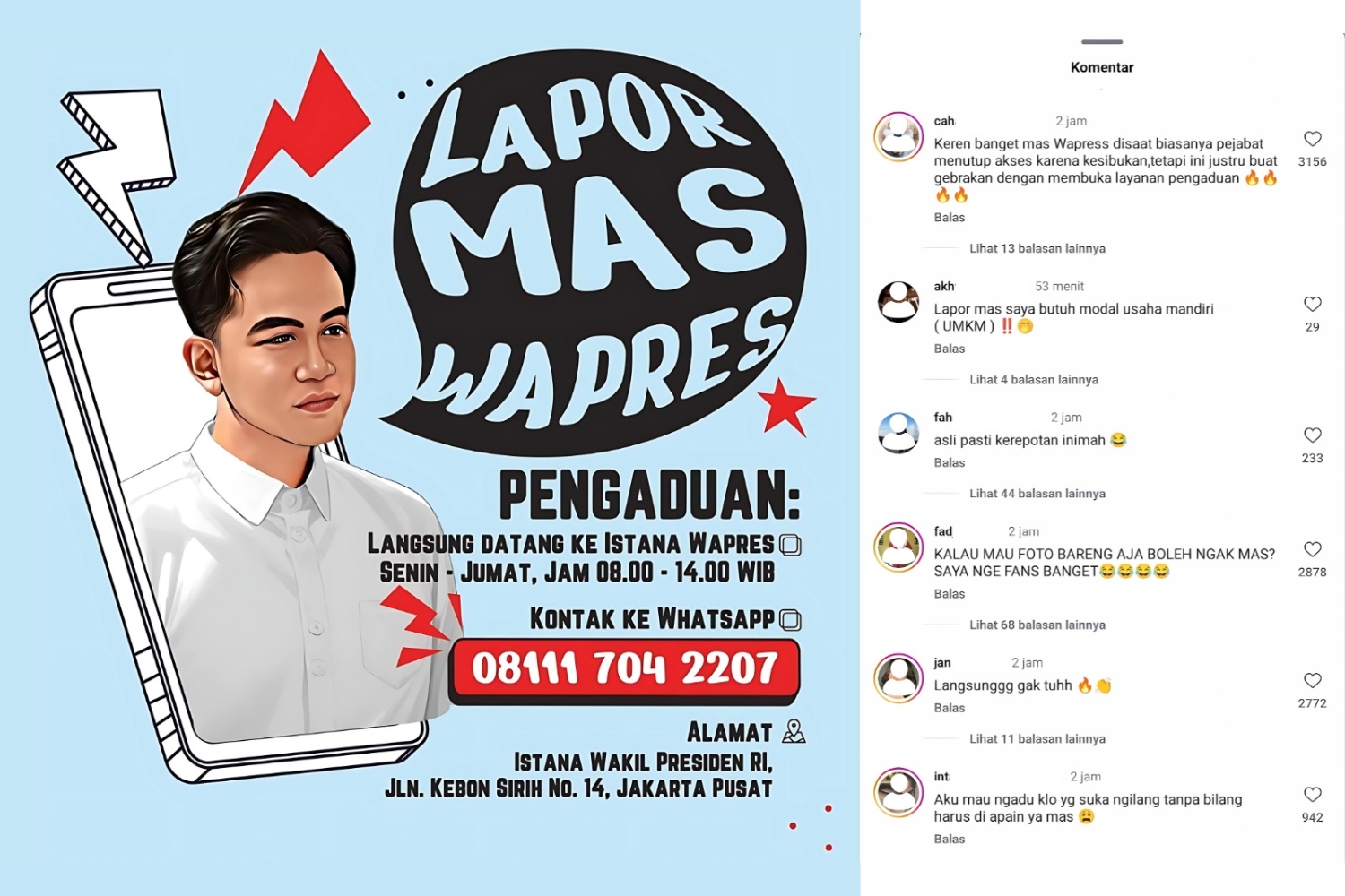 Tangkapan layar informasi Lapor Mas Wapres dan komentar warganet. (Dok. Instagram @gibran_rakabuming)