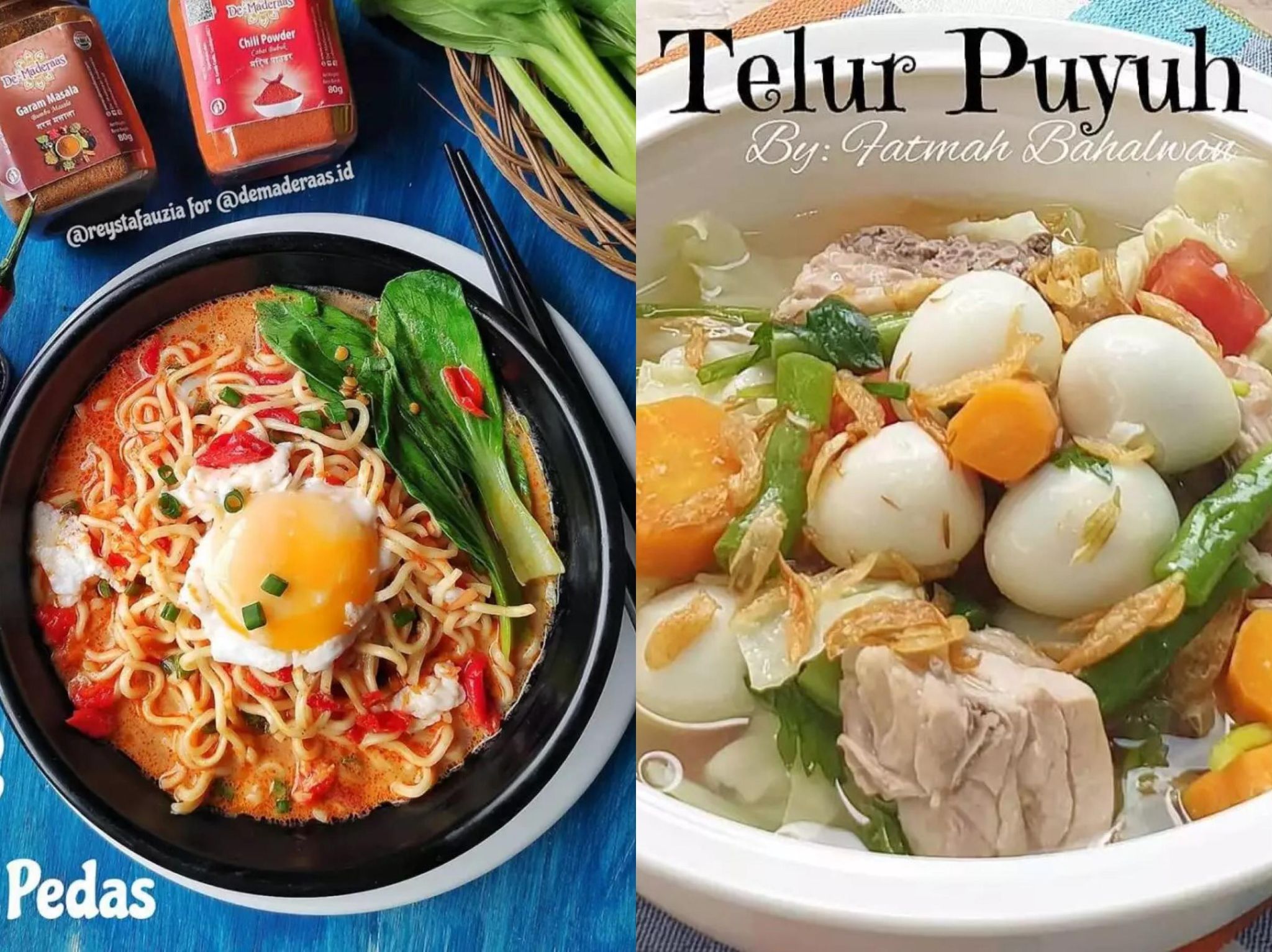 Hidangan mi kuah santan pedas dan sup telur puyuh. (Dok. Instagram/@reystafauzia @fatmahbahalwan)