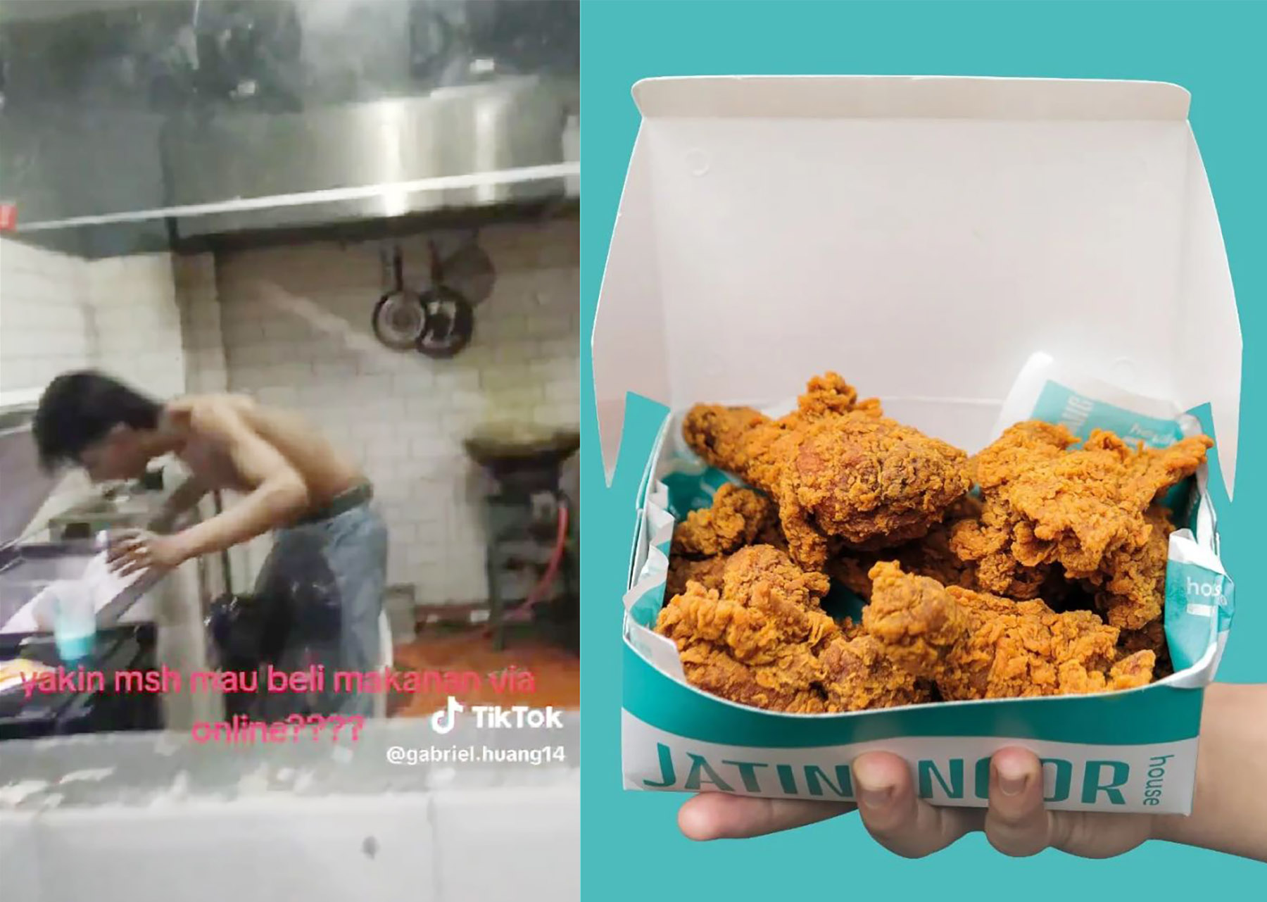 Tangkapan layar video pegawai Jatinangor House yang bertelanjang dada dan menu ayam Jatinangor House. (Dok. @jatinangorhouse/Instagram)