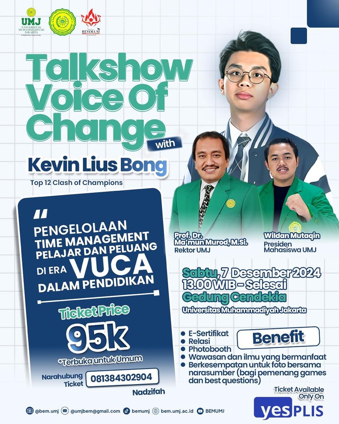 Poster resmi acara Talkshow Voice of Change with Kevin Lius Bong oleh UMJ di Tangerang Selatan. (Sumber: BEM UMJ)