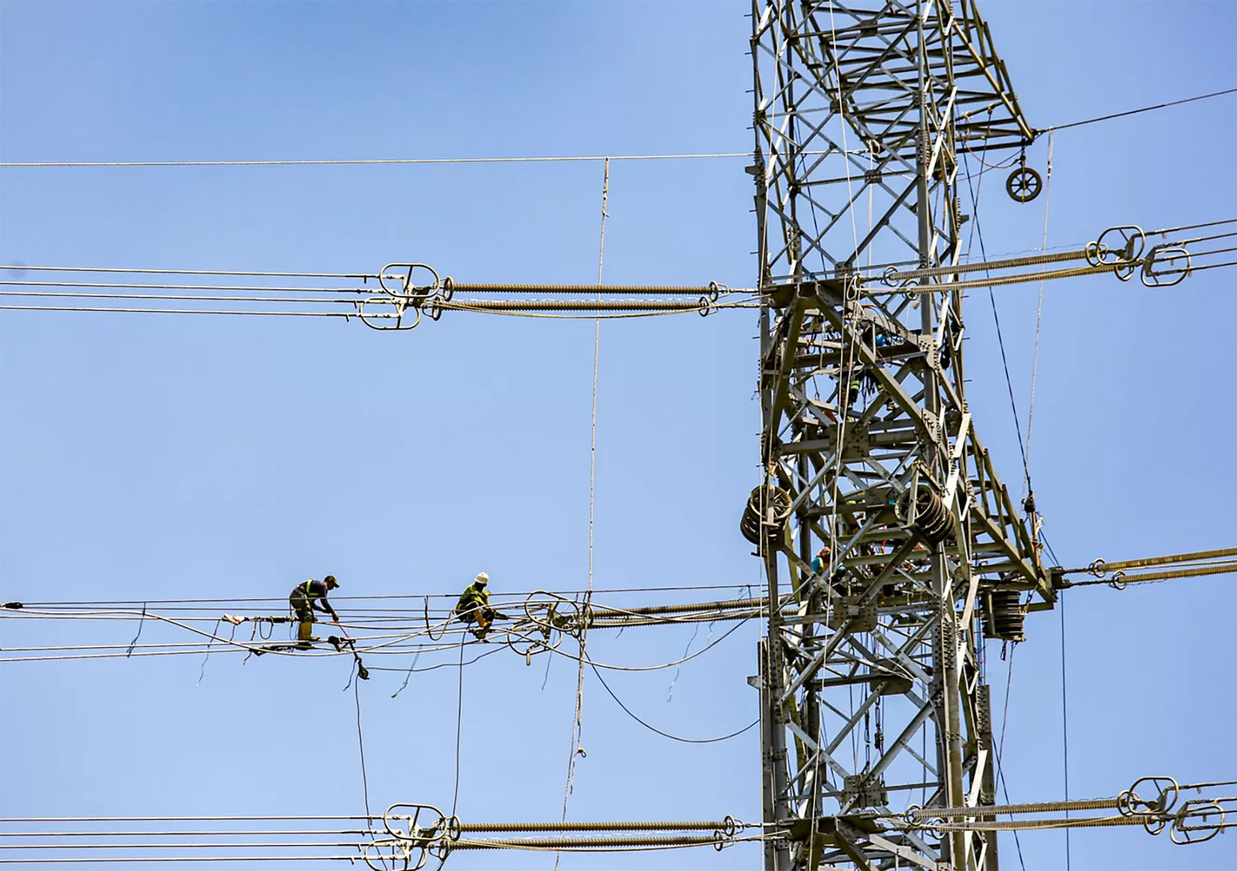Petugas saat melakukan perawatan sutet milik PLN di kawasan Pluit, Jakarta (22/4/2024). 