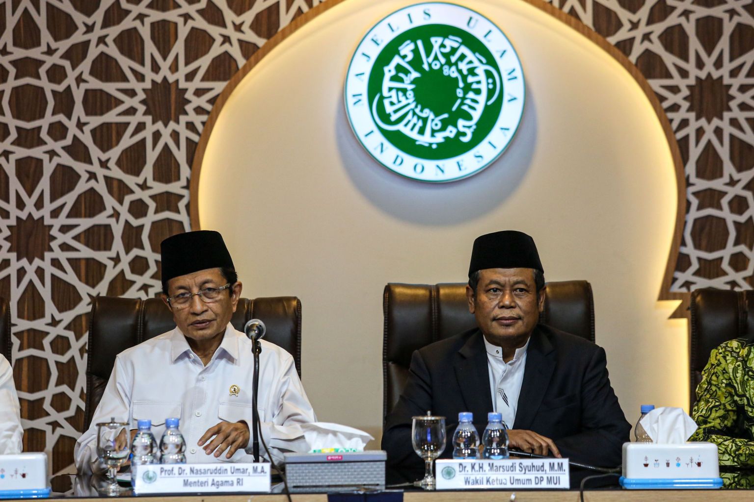 Menteri Agama Nasaruddin Umar (kiri) dan Wakil Ketua Umum MUI Marsudi Syuhud menegaskan Kemenag dan MUI akan terus saling mendukung.