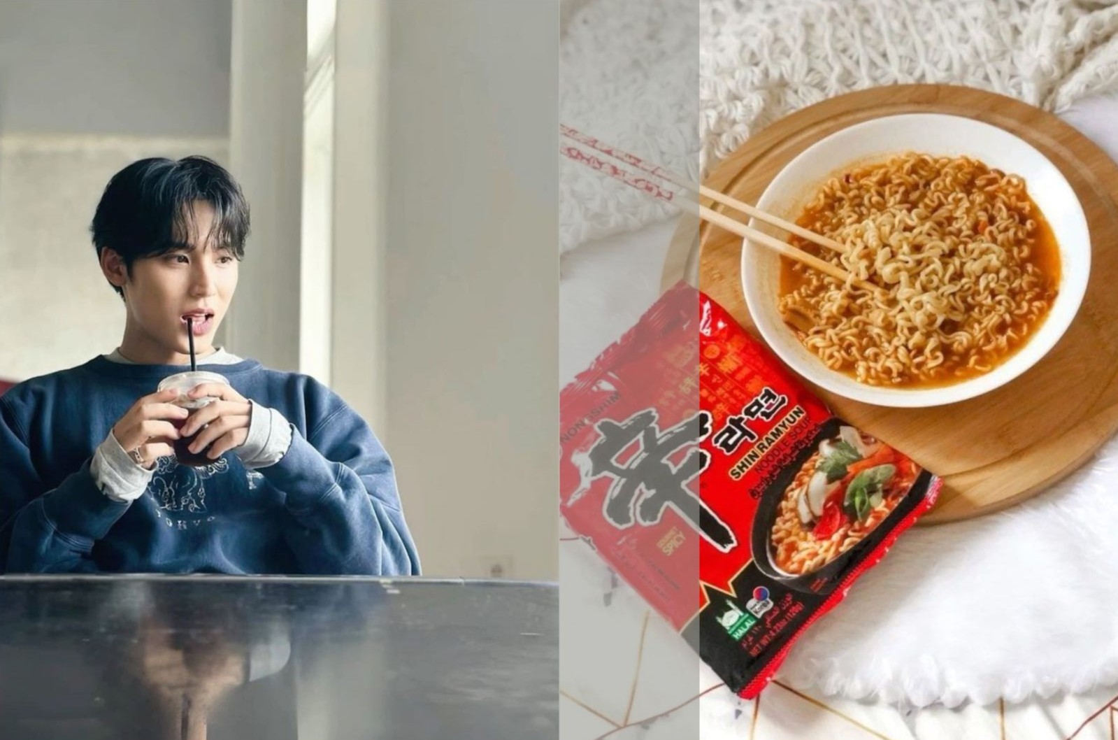 Kim Mingyu, anggota boygroup K-Pop SEVENTEEN dan ilustrasi semangkuk mi ramen (Dok. Pinterest)
