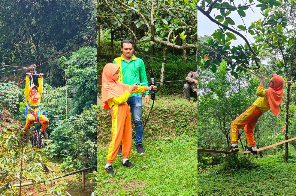 Kegiatan outbound MI Al-Azhar Sambong Dukuh Jombang: siswa belajar flying fox, panahan, dan ropes course