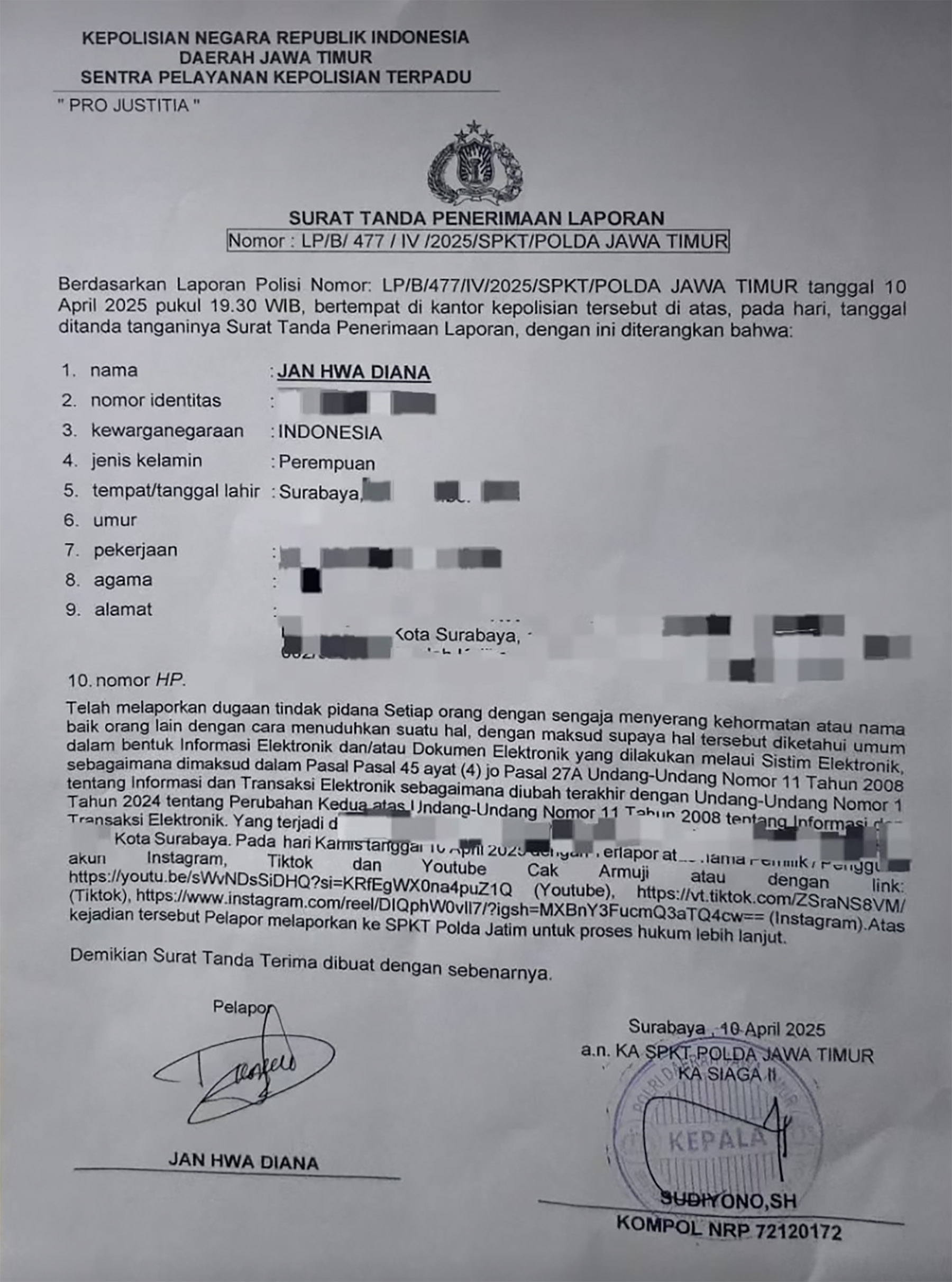 Surat laporan Jan Hwa Diana. (Dok. Faceboook Diana Jan Hwa)