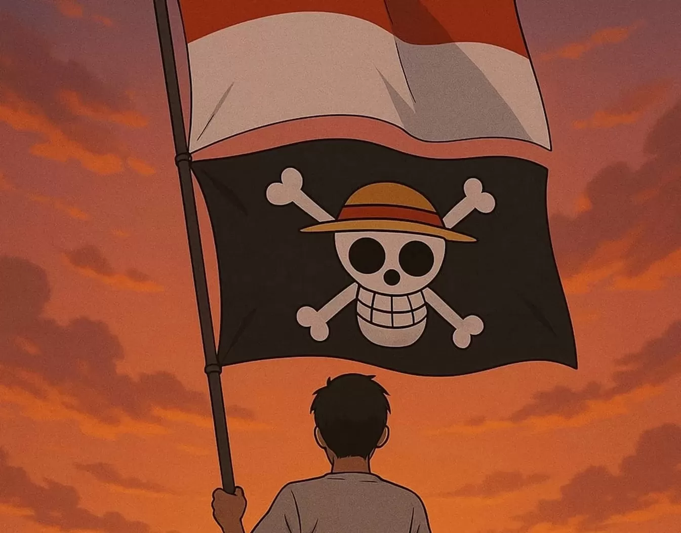 Ilustrasi pengibaran bendera bajak laut One Piece. (Dok. Procal.id)