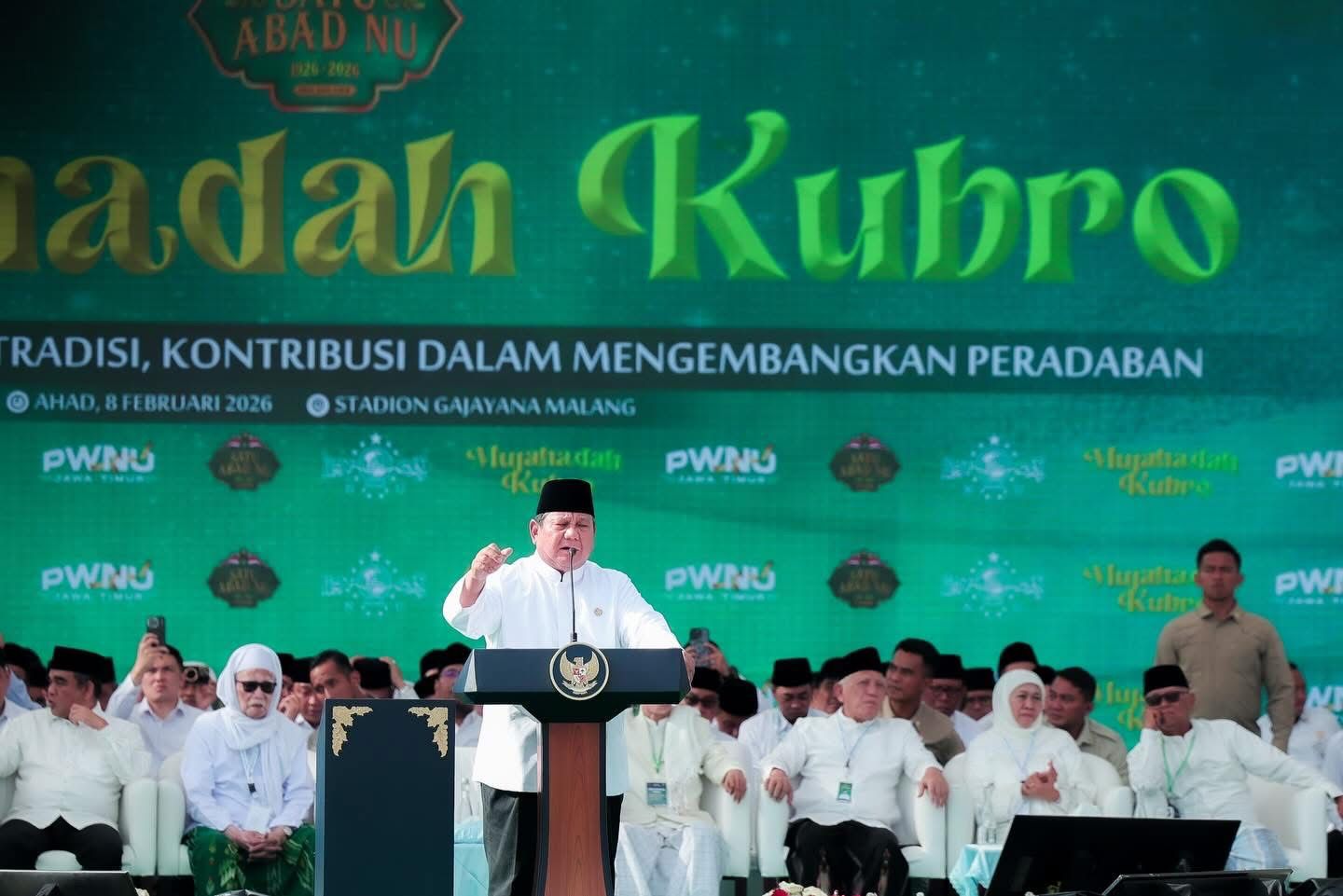 Presiden Prabowo Subianto menyampaikan pidato bernada tegas dalam Mujahadah Kubro Nahdlatul Ulama di Malang.