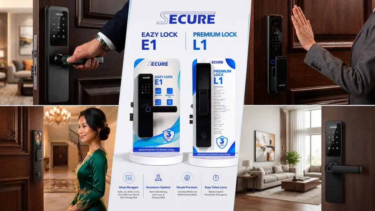 Secure Eazy Lock E1 dan Premium Lock L1 menawarkan sistem keamanan rumah berbasis teknologi dengan fitur fingerprint, password, kartu akses, face recognition, serta auto lock untuk mendukung gaya hidup smart home. (Dok. Datascrip)