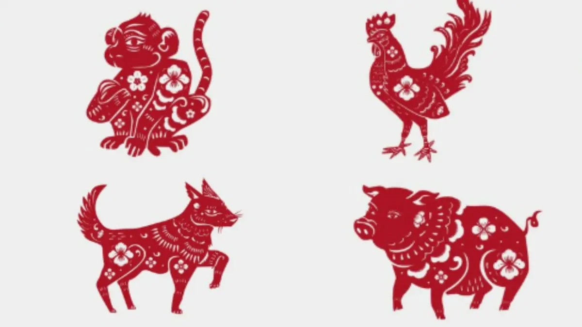 Ilustrasi zodiak Monyet, Ayam, Anjing, dan Babi (Magnific)