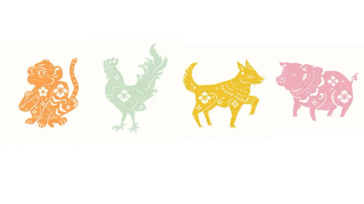 Ilustrasi shio Monyet, Ayam, Anjing, dan Babi (Magnific)