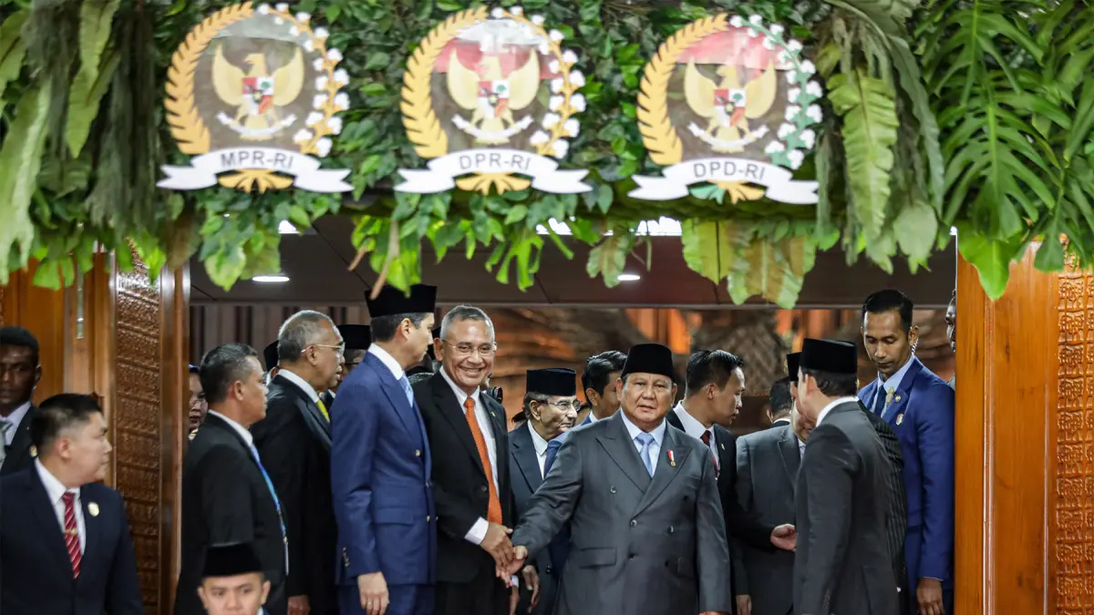 Presiden Prabowo Subianto usai menyampaikan pidato kenegaraan dalam Sidang Tahunan MPR RI dan Sidang Bersama DPR-DPD RI Tahun 2026 di Gedung Nusantara, Kompleks Parlemen, Jakarta, Jumat (14/8/2026). FOTO: SALMAN TOYIBI/JAWA POS