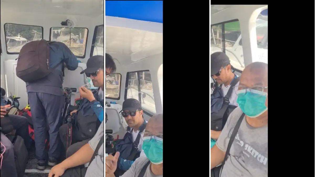 Tangkapan layar persiapan keberangkatan sejumlah jurnalis saat berada di dalam kapal saat melakukan peliputan aktivitas Gunung Anak Krakatau di kawasan Selat Sunda. Lima wartawan bersama tiga kru kapal sempat hilang kontak dan hingga kini masih dalam pencarian tim SAR gabungan. (Dok. IST)