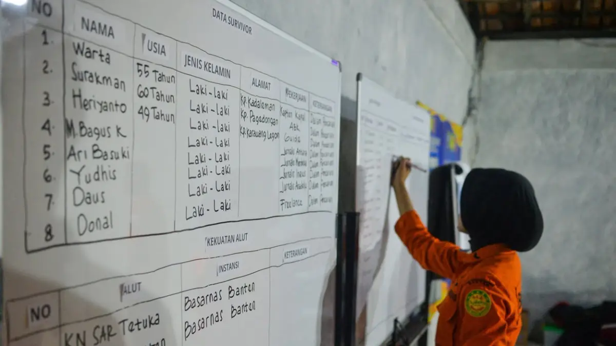 Personel Basarnas Banten menuliskan data penumpang kapal yang hilang kontak di Posko SAR Nasional, Pandeglang, Banten, Selasa (8/9/2026). Basarnas menggelar operasi pencarian sebuah kapal cepat yang membawa rombongan jurnalis termasuk pewarta foto LKBN Antara yang dilaporkan hilang kontak di perairan Selat Sunda saat meliput erupsi Gunung Anak Krakatau. ANTARA FOTO/Putra M. Akbar/sgd