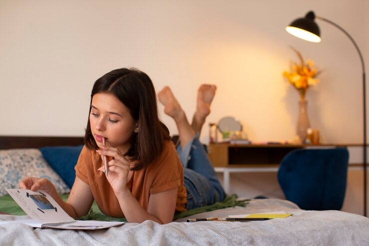 Ilustrasi seorang wanita sedang melakukan sleep journaling
