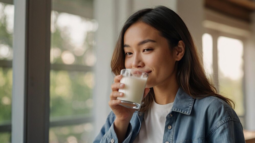 Ilustrasi wanita sedang meminum susu yang menjadi sumber vitamin D dan kalsium