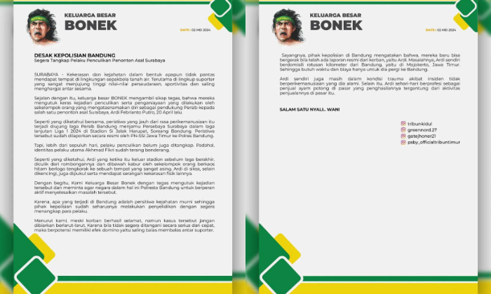 Pernyataan Keluarga Besar Bonek terhadap kasus penculikan Ardi. (Instagram @kitabonek)