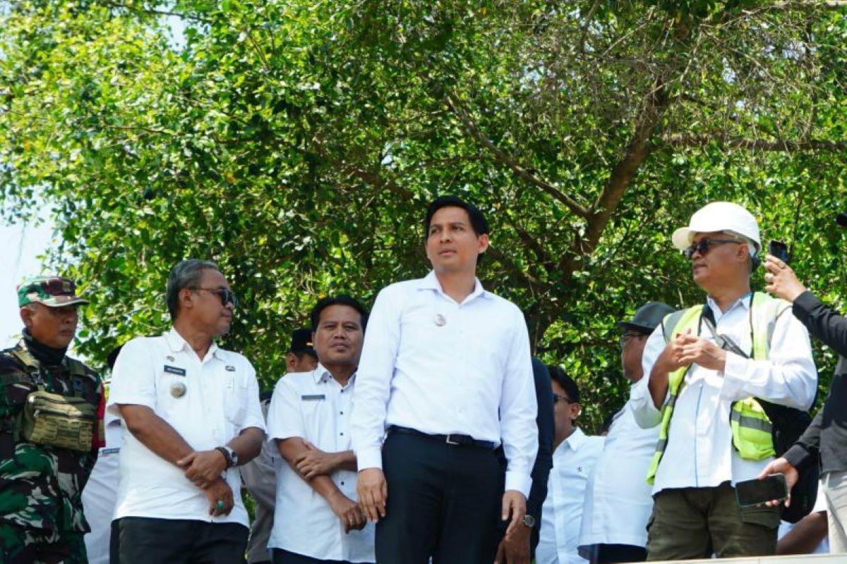 Bupati Indramayu Lucky Hakim (tengah) meninjau Bendungan Salamdarma. (Pemkab Indramayu/Antara)