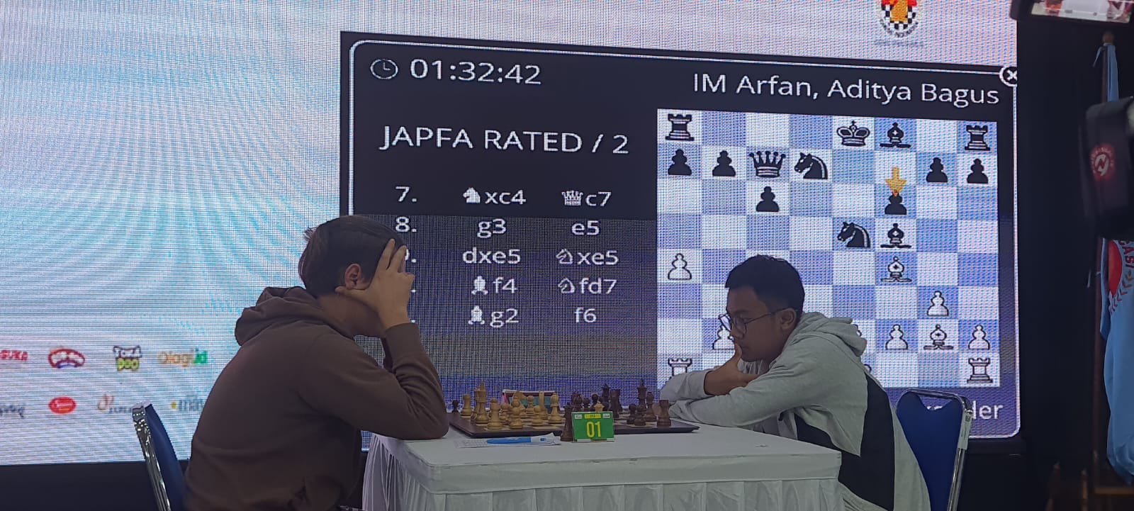 Aditya Bagus Arfan (kanan) kalah saat hadapi Alexander Chernyavsky pada babak ketujuh di JAPFA FIDE Rated Chess Tournament di Wisma Serbaguna, Senayan, Jakarta.