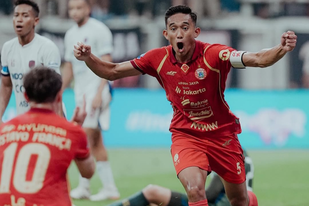Rizky Ridho berselebrasi usai mencetak gol pada menit ke-31.