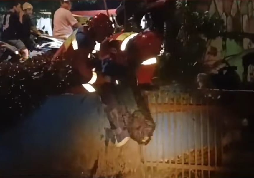 Petugas Damkar Tanjung Priok berhasil mengevakuasi seekor anjing yang terjebak di sungai Swasembada Timur.
