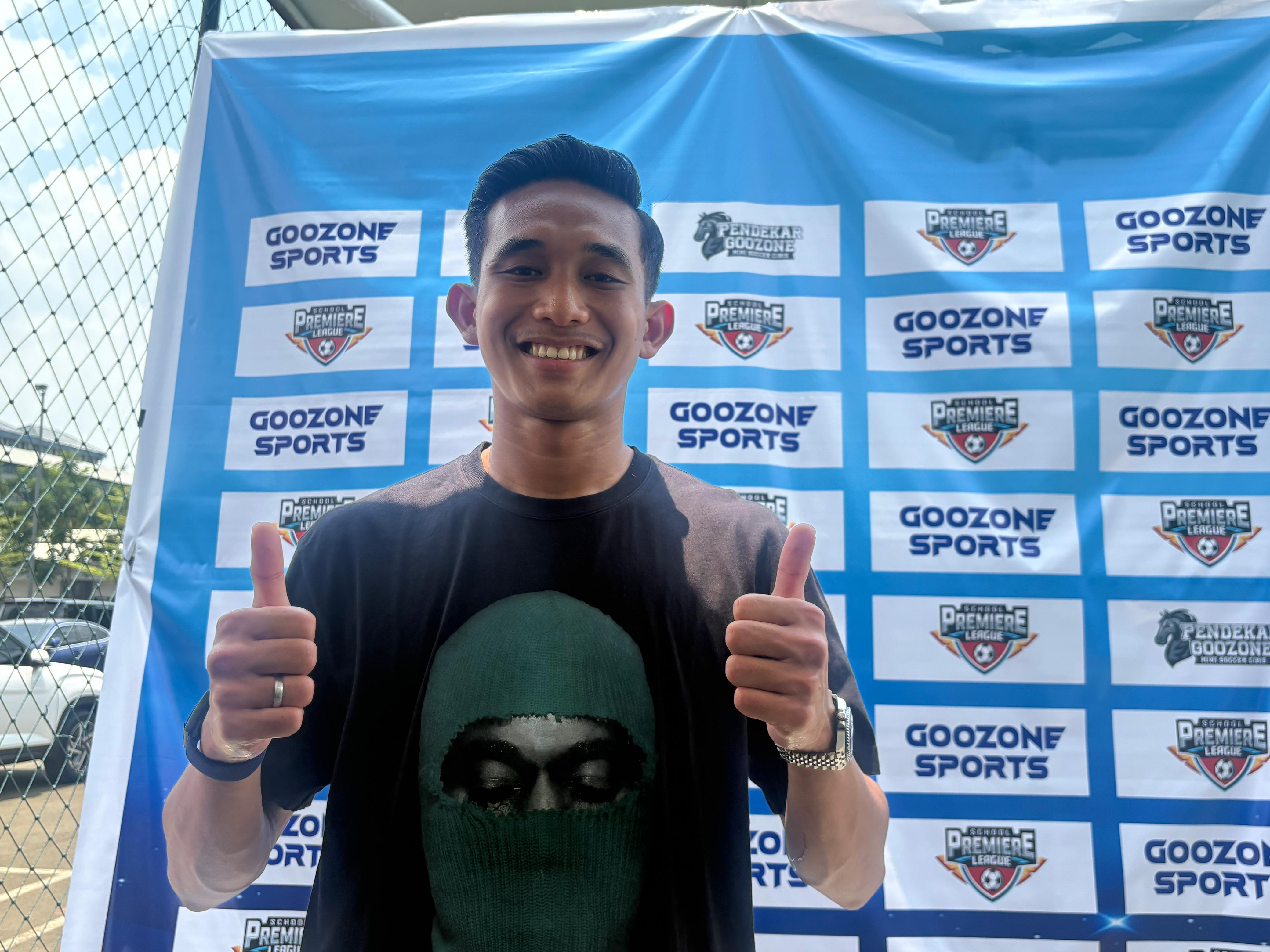 Rizky Ridho menghadiri event SPL di Pendekar Goozone Minisoccer, Cibiz Park, Jakarta Selatan.
