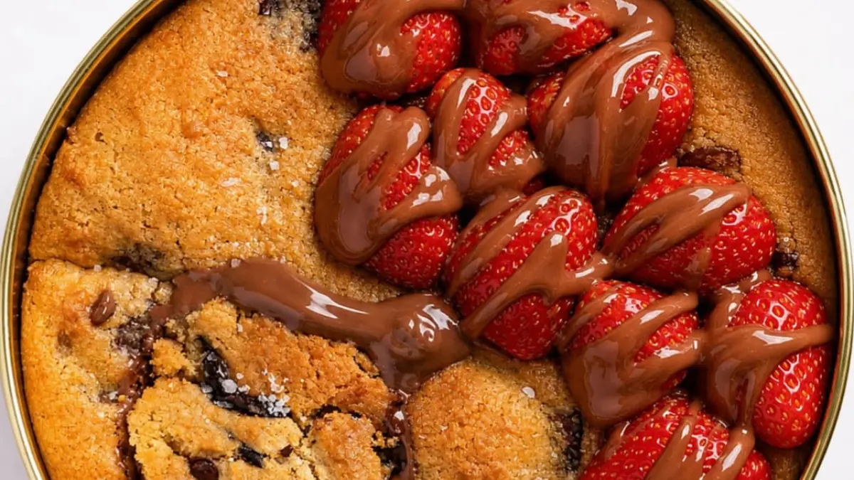 Cookie Tin dengan strawberry dan saus Nutella diatasnya. (Instagram @endorphinscookie)