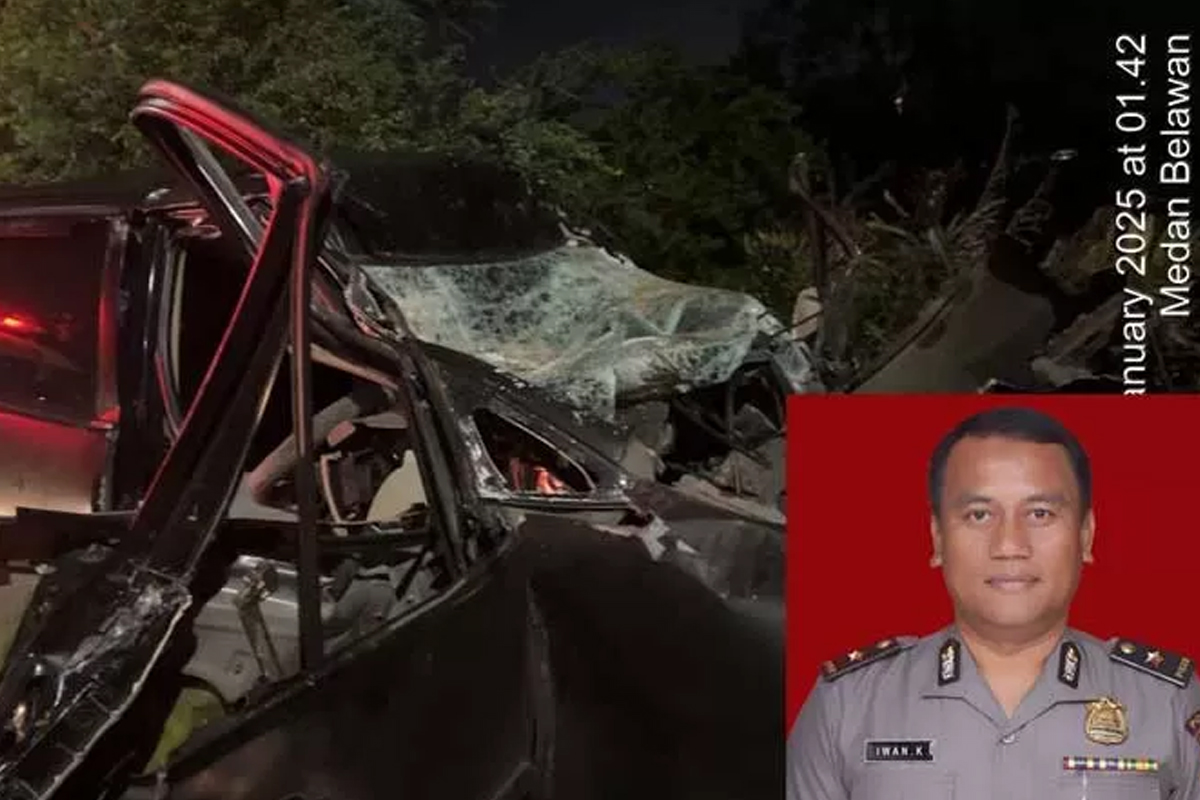 RINGSEK: Kompol Iwan Kurnianto (semasa hidup) dan mobil yang ditumpangi setelah menabrak drum truk. (Sumut Pos)